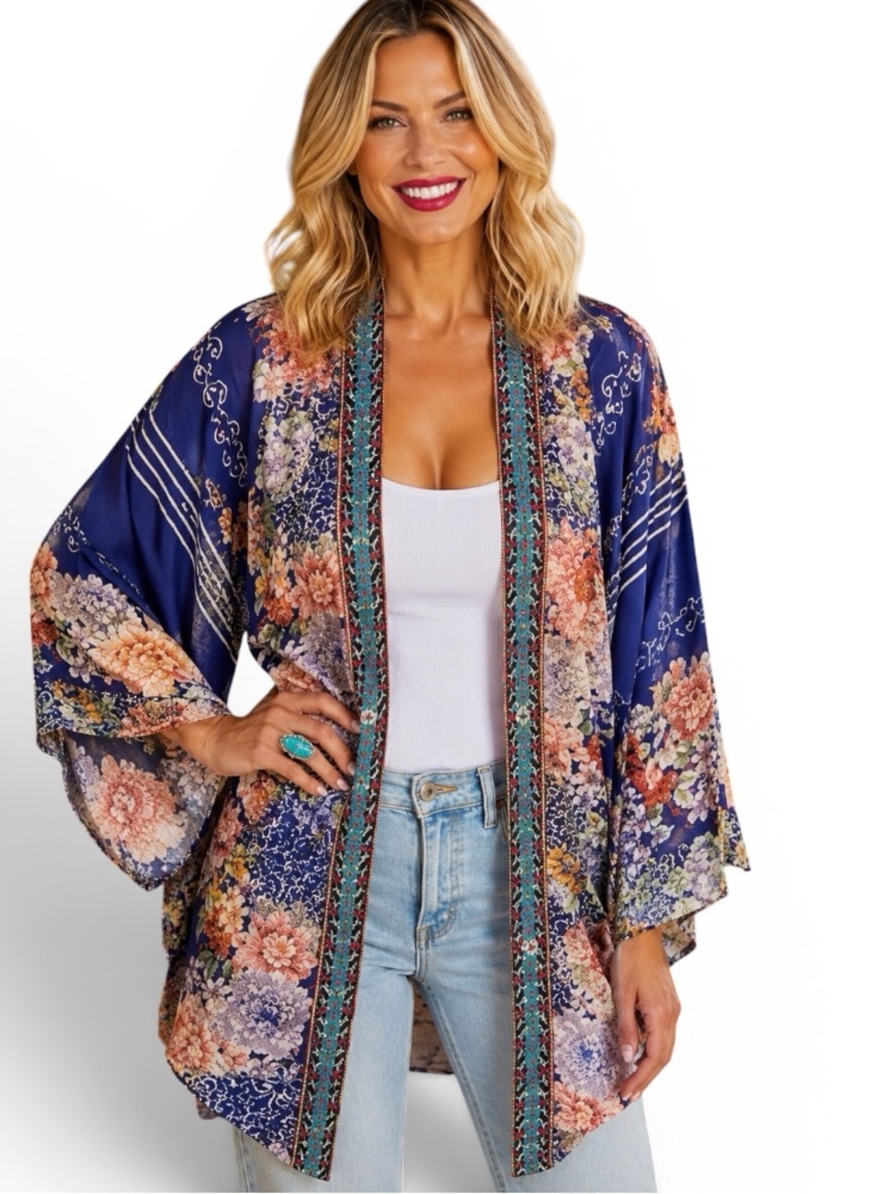 Johnny Was Blati Printed Silk Shorter Kimono with Embroidered Trim NWT